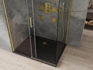 Mexen Omega, sprchový kút s posuvnými dverami 100 (dvere) x 90 (stena) cm, 8mm číre sklo, zlatý profil + slim sprchová vanička čierna + zlatý sifón, 825-100-090-50-00-4070G