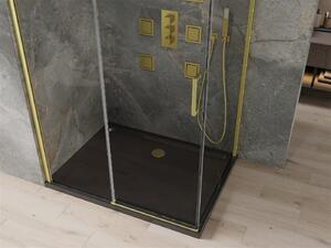 Mexen Omega, sprchový kút s posuvnými dverami 100 (dvere) x 90 (stena) cm, 8mm číre sklo, zlatý profil + slim sprchová vanička čierna + zlatý sifón, 825-100-090-50-00-4070G
