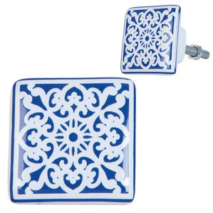 Keramická úchytka s modro-bielymi ornamentmi - 3*2* 3 cm - Clayre & Eef