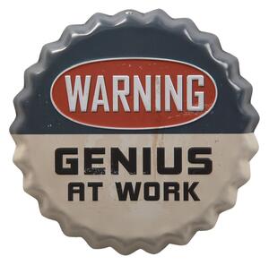 Farebná guľatá cedule WARNING GENIUS AT WORK s úmyselným odrením - 13 * 2 cm - Clayre & Eef