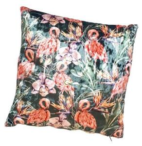 Zelený zamatový vankúš s plameniakmi - 35 * 35cm - Colmore by Diga