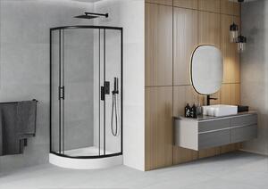 Mexen Rio, štvrťkruhový sprchovací kút s posuvnými dverami 70 x 70 cm, 5mm číre sklo, čierny profil + biela vysoká sprchová vanička Rio, 863-070-070-70-00-4710