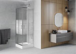 Mexen Rio, štvorcový sprchovací kút s posuvnými dverami 70 x 70 cm, 5mm číre sklo/pásy, chrómový profil + biela vysoká sprchová vanička Rio, 860-070-070-01-20-4510