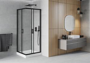 Mexen Rio, štvorcový sprchovací kút s posuvnými dverami 80 x 80 cm, 5mm číre sklo, čierny profil + biela vysoká sprchová vanička Rio, 860-080-080-70-00-4510
