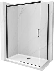 Mexen Omega, sprchovací kút s posuvnými dverami 140 (dvere) x 80 (stena) cm, 8mm číre sklo, čierny profil + slim sprchová vanička biela s čiernym sifónom, 825-140-080-70-00-4010B