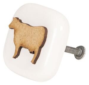 Biela keramická úchytka s motívom kravy - 5 * 5 * 3 cm - Clayre & Eef