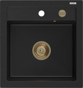 Mexen Vito, granitový drez 520x490x210 mm, 1-komorový, čierna so zlatým sifónom, 6503521000-77-G