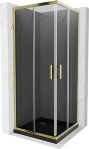 Mexen Rio, štvorcový sprchovací kút s posuvnými dverami 70 (dvere) x 70 (dvere) x 190 cm, 5mm šedé sklo, zlatý profil + čierna sprchová vanička SLIM, 860-070-070-50-40-4070G