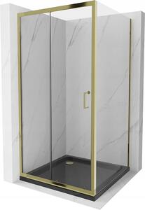 Mexen Apia sprchovací kút s posuvnými dverami 90 (dvere) x 90 (stena) cm, 5mm číre sklo, zlatý profil + čierna sprchová vanička SLIM, 840-090-090-50-00-4070G