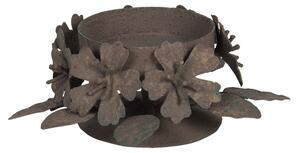 Hnedý kovový svietnik s patinou a kvetinami - 10 * 6 * 5 cm - Clayre & Eef