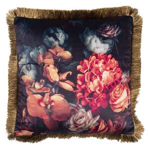 Čierny vankúš s motívom orchidejí a strapcami - 45 * 45 cm - Clayre & Eef