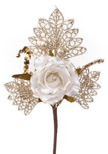 Vetvička MagicHome Vianoce, s ružou, bielo - zlatá, 26 cm, bal. 6 ks