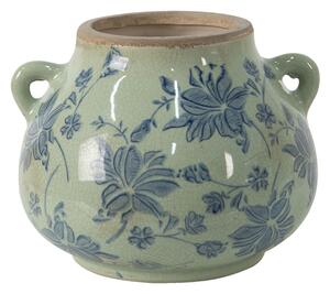 Zelený obal na kvetináč s modrými kvetmi - 17*16*13 cm - Clayre & Eef