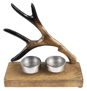 Hnedý drevený svietnik na čajovú sviečku s parožím - 17*7*17 cm - Clayre & Eef
