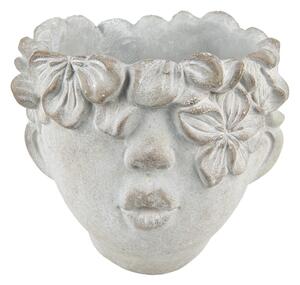 Šedý kvetináč v dizajne hlavy s kvetinovým vencom Tete - 12*9*10 cm - Clayre & Eef