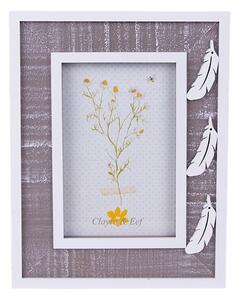 Šedý drevený fotorámik s bielou patinou a pierkami Woodia - 17*1*22 cm / 10*15 cm - Clayre & Eef