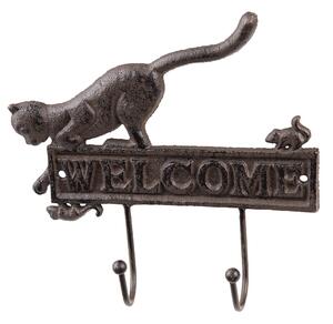 Nástenný liatinový vešiak s mačkou Welcome - 22*5*20 cm - Clayre & Eef