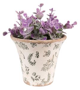 Béžový antik keramický obal na kvetináč so zelenými kvetmi M - Ø 14*13 cm - Clayre & Eef