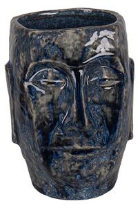 Modrý keramický obal na kvetináč / váza s tvárou Blue Dotty L - 17 * 14 * 21 cm - Clayre & Eef