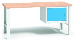 Výškovo nastaviteľný pracovný stôl do dielne WL so závesnou skrinkou na náradie, buková škárovka, 2000 x 685 x 840 - 1050 mm