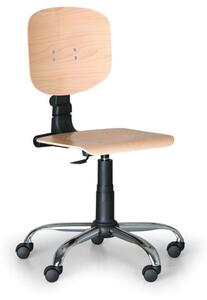 Dielenská pracovná drevená stolička na kolieskach, oceľový kríž, kolieska