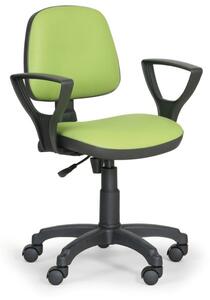 Pracovná stolička na kolieskach MILANO s podpierkami rúk, permanentný kontakt, pre mäkké podlahy, zelená