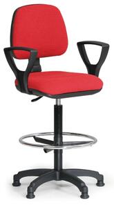 Zvýšená látková pracovná stolička MILANO s podpierkami rúk, opierka nôh, klzáky, červená