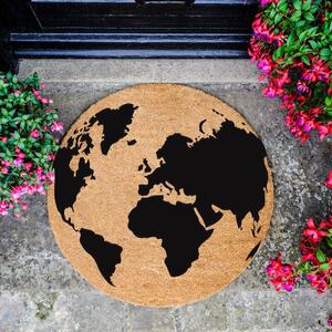 Čierna okrúhla rohožka z prírodného kokosového vlákna Artsy Doormats Globe, ⌀ 70 cm