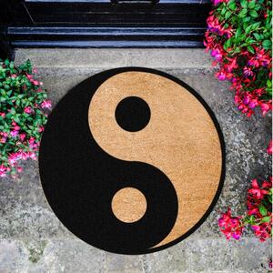 Čierna okrúhla rohožka z prírodného kokosového vlákna Artsy Doormats Yin Yang, ⌀ 70 cm
