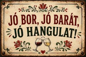 Plechová ceduľa Jó Bor, Jó Barát, Jó Hangulat! - Plechová tabuľa