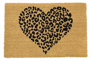 Čierna rohožka z prírodného kokosového vlákna Artsy Doormats Leopard Heart, 40 x 60 cm