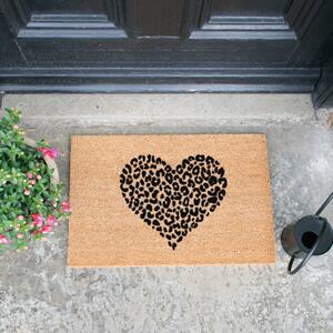 Čierna rohožka z prírodného kokosového vlákna Artsy Doormats Leopard Heart, 40 x 60 cm
