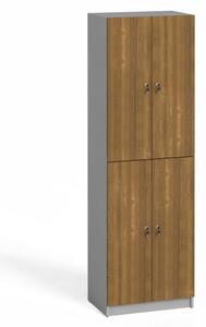 Drevená šatníková skrinka, 4 dvere, cylindrický zámok, sivá / orech