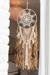 Béžovo-hnedý lapač snov s lykovými prúžkami a Macramé - Ø 32*95 cm - J-Line by Jolipa
