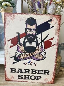 Béžová antik nástenná kovová ceduľa Barber Shop - 25*33 cm - Ostatní