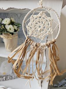 Béžovo-hnedý lapač snov s lykovými prúžkami a Macramé - Ø 9*30 cm - J-Line by Jolipa