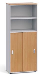 Kancelárska skriňa PRIMO, zasúvacie dvere na 3 poschodia, 1781 x 800 x 420 mm, sivá / buk