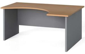 Rohový kancelársky pracovný stôl PRIMO FLEXI, zaoblený 1600 x 1200 mm, sivá / buk, pravý
