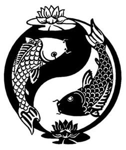 Čierna kovová nástenná dekorácia Fish Yin Yang, 41 x 49 cm