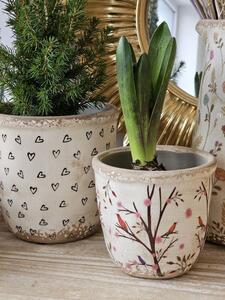 Béžový keramický obal na kvetináč s kvetmi a vtáčikmi Birdie XS - Ø 11*10 cm - Clayre & Eef