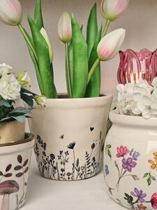 Béžový keramický obal na kvetináč s lúčnymi kvetmi Flora And Fauna S - Ø 12*11cm - Clayre & Eef