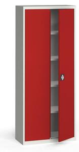 Plechová policová skriňa na náradie KOVONA, 1950 x 800 x 400 mm, 4 police, sivá/červená