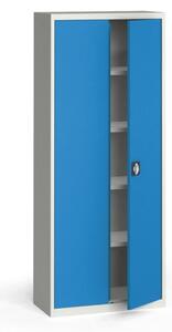 Plechová policová skriňa na náradie KOVONA, 1950 x 800 x 400 mm, 4 police, sivá/modrá
