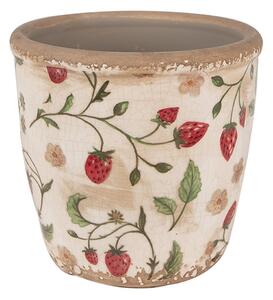 Béžový keramický obal na kvetináč s jahôdkami Wild Strawberries S - Ø 14*13 cm - Clayre & Eef