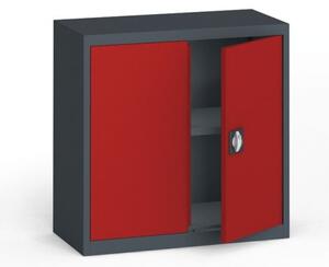 Plechová policová skriňa na náradie KOVONA, 800 x 800 x 400 mm, 1 polica, antracit/červená