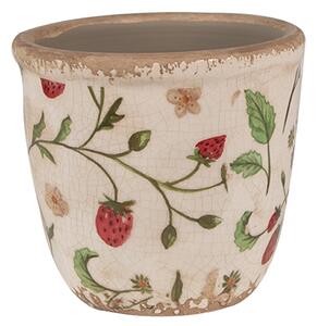 Béžový keramický obal na kvetináč s jahôdkami Wild Strawberries XS - Ø 11*10 cm - Clayre & Eef