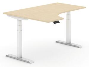 Výškovo nastaviteľný stôl, elektrický, 625-1275 mm, ergonomický ľavý, doska 1600x1200 mm, breza, biela podnož