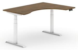 Výškovo nastaviteľný stôl, elektrický, 625-1275 mm, ergonomický pravý, doska 1600x1200 mm, orech, biela podnož
