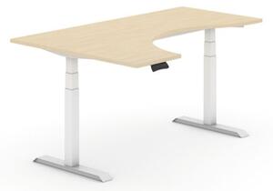 Výškovo nastaviteľný stôl, elektrický, 625-1275 mm, ergonomický ľavý, 1800x1200 mm, breza, biela podnož