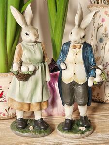 Dekorácia zajačik v modrom kabáte s košíkom vajíčok - 9*7*25 cm - Clayre & Eef